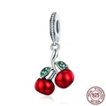 S925 sterling silver cherry pendant charm with red enamel and green zircon stones - Cherry Pendant (SCC784)