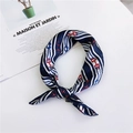 Elegant navy blue and white striped silk square scarf with red equestrian bit pattern - Horsebit Stripe Navy