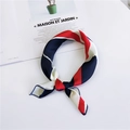Elegant navy, red and white striped silk square scarf tied in a stylish knot - Contrast Red Navy