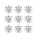 Macro shot of 9 silver stainless steel charms engraved with Matthew 19:26 Bible verse - All Things Possible / 20mm