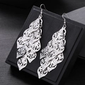 Silver fringe tassel earrings with layered hollow leaves and rhinestone details - H2705-1 Hollow Leaf Rhinestone / Silver