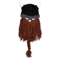 Handmade black Viking knitted hat with white horns and brown braided yarn beard - L (58-60cm) / Coffee Beard (Curved Horns)