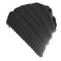 Solid black cable knit beanie hat for men and women with thick textured winter weave - Black