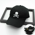 Casual black cotton baseball cap with white skull crossbones embroidery and metal buckle - Adjustable / Black