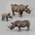 Set of three realistic rhinoceros animal figures with detailed skin textures on gray background - Rhinoceros Family Set