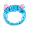 Detail of soft blue coral fleece headband with pink cat ears for skincare and makeup - Blue