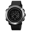 Black sports watch with silver metal bezel and silicone strap showing digital dual display - Steel Ring Black Display / Black