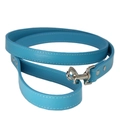Sky blue durable PU leather pet leash with silver metal swivel hook and white stitching - Lake Blue