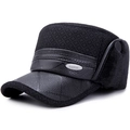 Mens winter trapper hat in black faux leather with ear flaps and warm faux fur lining - One Size / Black