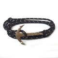 Silver anchor bracelet with black woven rope featuring Vikings engraving in high detail - Black