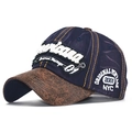 Cappellino vintage blu navy e marrone invecchiato con dettaglio ricamo Americana 3D - Regolabile / Blu Navy & Marrone Patchwork