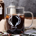 Nordic glass milk cup featuring white lucky cup deer antler print and handle with ice - Straight Mug Antlers
