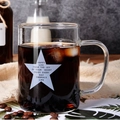 Transparent glass breakfast mug with white star print and handle on a wooden table - Straight Mug Five-pointed Star