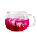 Nordic glass Good Morning mug with handle filled with iced pink fruit juice drink - Round Cup White Letter