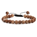 Detailed view of handmade braided tiger eye and natural stone beads with adjustable cord - Wood Grain Stone