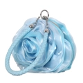 Detailed view of light blue satin rose handbag with woven handle and silver hardware - Sky Blue