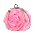 Close-up of pink silk rose evening bag with layered petals and woven handle detail - Pink