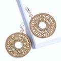 Bohemian large gold woven hoop earrings with champagne crystal beads and silver hooks - Beige