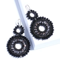 Bohemian style double circle beaded drop earrings with black and silver faceted beads - Black