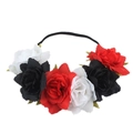 Detail of red, black and white artificial roses on a black elastic holiday headband - White Black Red