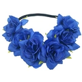 Close-up of blue artificial roses on a black elastic headband for festive parties - Blue