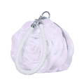Close-up of white silk rose petals texture and braided handle on mini evening bag - Pure White