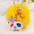Sheep keychain with colorful rhinestones and a fluffy yellow pom-pom charm - White Lamb + Yellow Pom Pom