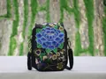Ethnic style embroidered mini crossbody bag with blue peony flowers on black fabric - Blue Peony