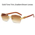 Rimless square sunglasses with gold leopard detail and gradient tea lenses on wood arms - Gradient Tea