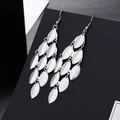 Silver multi-layered leaf tassel drop earrings with sparkling frosted metal finish - H3009-1 Matte Willow Leaf