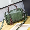 Vintage groene Boston-tas van PU-leer met bruine kwast en zilveren details luxe - Groen