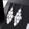 Silver layered rhombus tassel earrings with textured matte finish on display - E1508-2 Matte Glitter Rhombus