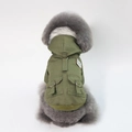 Detailed back view of a durable army green hooded pet jacket with utility pockets and metal rings - Green