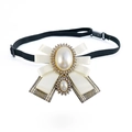 Elegant white satin bow brooch with pearl and rhinestone center for shirt collars - White Ribbon Style