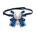Navy blue ribbon bowtie brooch with large faux pearl and crystal rhinestones - Blue Ribbon Style
