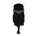 Handmade black knitted Viking beard hat with white horns and braided beard details - L (58-60cm) / Black Beard (Curved Horns)