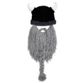 Creative black Viking knit hat with white horns and long grey braided beard detail - L (58-60cm) / Light Gray Beard (Curved Horns)