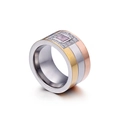 Three-tone titanium steel wide ring with rectangular pink stone and micro-pave crystals - US 7 / Tri-color Stitching Pink Stone (KR47990-K)