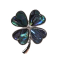Elegante broche de trébol plateado con incrustaciones de nácar abulón y cristal central - Plata Trébol de Cuatro Hojas Concha de Abulón