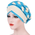 Detail of two-tone braided turban in sky blue and cream white on a model head - M (56-58cm) / Lake Blue + Beige