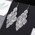 Silver multi-layered hollow leaf long drop hook earrings with metallic finish - E1498-2 Hollow Leaf / Silver