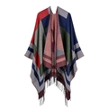 Geometrischer Damen-Poncho mit buntem Jacquard-Muster und modischen Fransen - Grünes geometrisches Quasten-Patchwork
