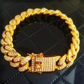 Hip hop style 18K gold plated 12mm Cuban link bracelet with full sparkling iced out crystals - 20cm / Gold / Side Release Buckle