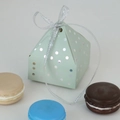 Light green pyramid candy box with white polka dots and a decorative silver ribbon bow - Blue Silver Stamping