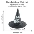 Black polyester Halloween witch hat featuring white ghost and bat prints with dimensions - Black Witch Hat with Ghost and Bat Pattern
