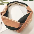 Cross-knot elastic headband with dark green and orange-brown stripes in a chic design - Navy Dark Green Stripes