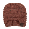 Detail of multi-color flecked knit beanie with C.C leather patch on ribbed hem - M (56-58cm) / Rust red