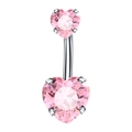 Detail of silver navel piercing featuring two heart-shaped pink cubic zirconia stones - Double Heart / Silver-Pink Zircon Heart