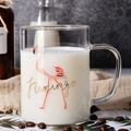 Transparent glass mug featuring a pink flamingo print and gold flamingo lettering - Straight Mug Flamingo