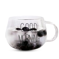 Nordic glass mug with Good Morning print and handle filled with ice and berries - Round Cup Black Letter